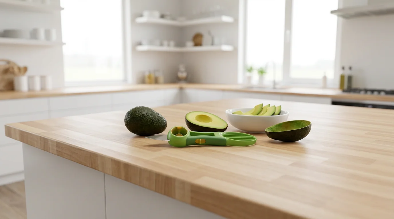 A 3-in-1 avocado tool on a wooden countertop showing the stages of preparation.