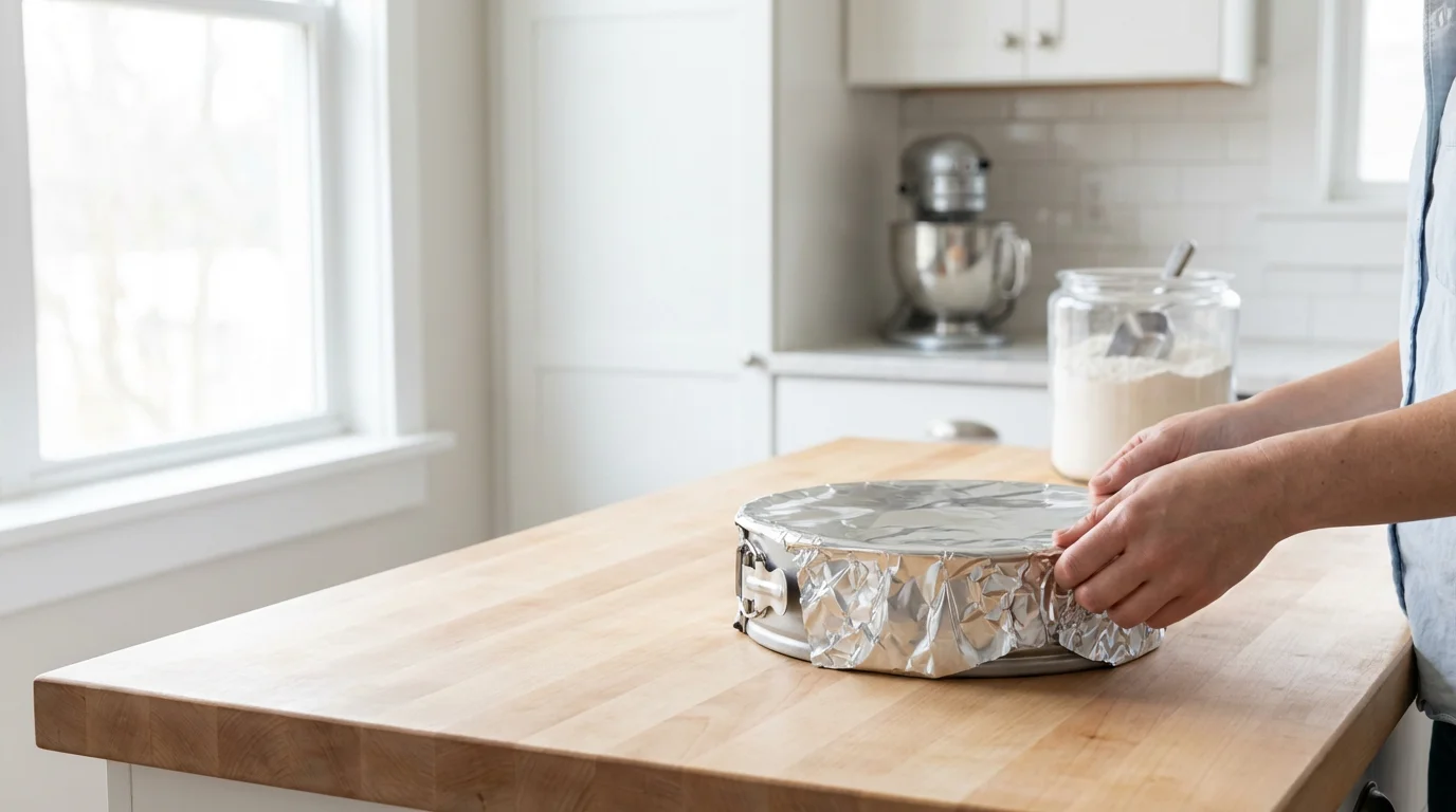 A baker's hands wrapping a springform pan with aluminum foil on a kitchen counter.