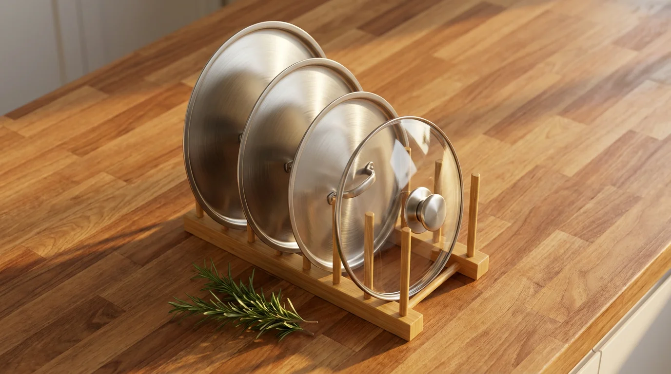 A bamboo pot lid organizer holding steel and glass lids on a butcher block countertop.