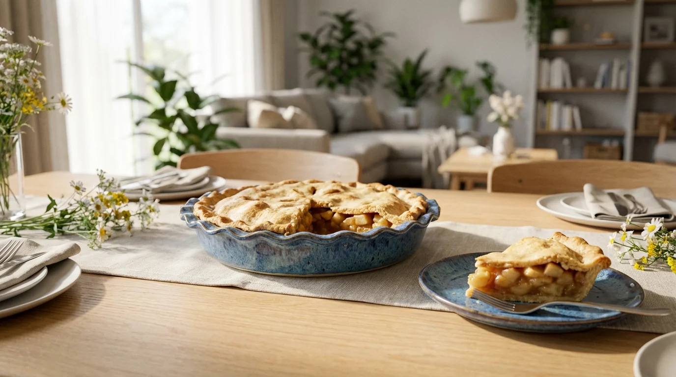 A beautiful blue ceramic pie plate with a slice of apple pie removed, on a sunlit dining table.