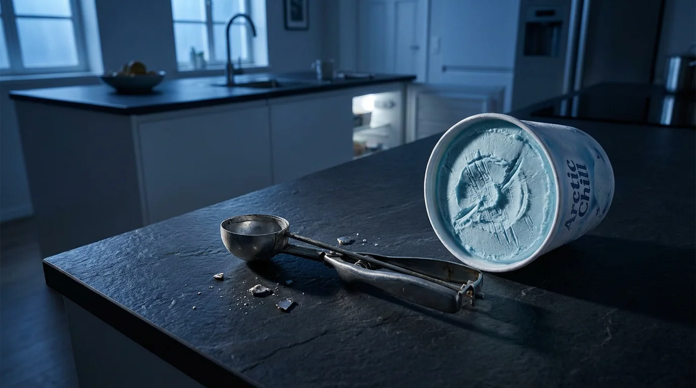 A bent, broken ice cream scoop lies on a kitchen counter beside hard ice cream.
