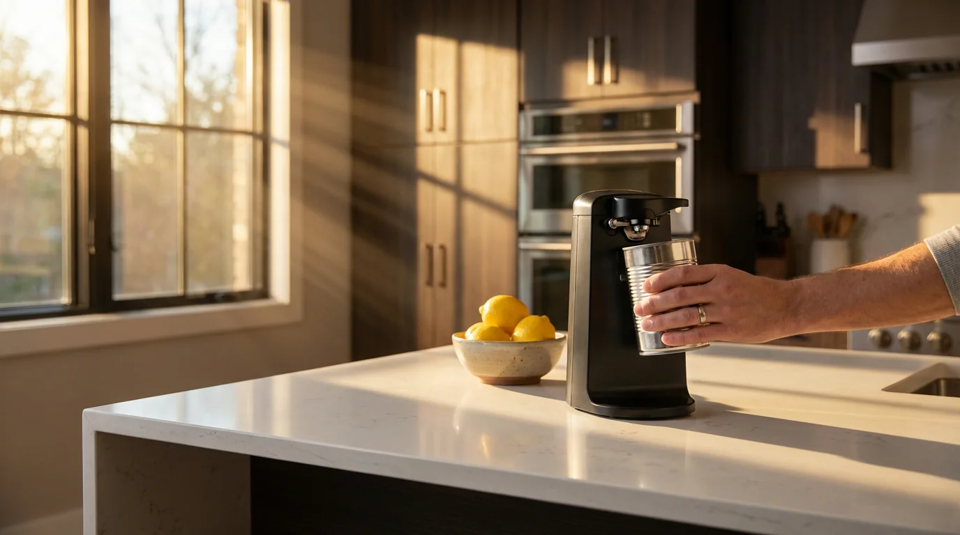 A black electric can opener on a modern kitchen counter in moody afternoon light.