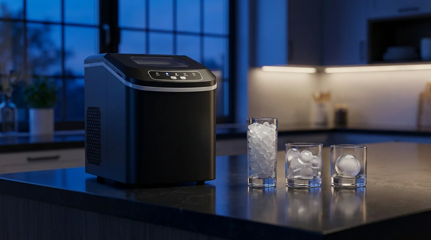 A black ice maker on a dark counter beside three glasses with different ice.