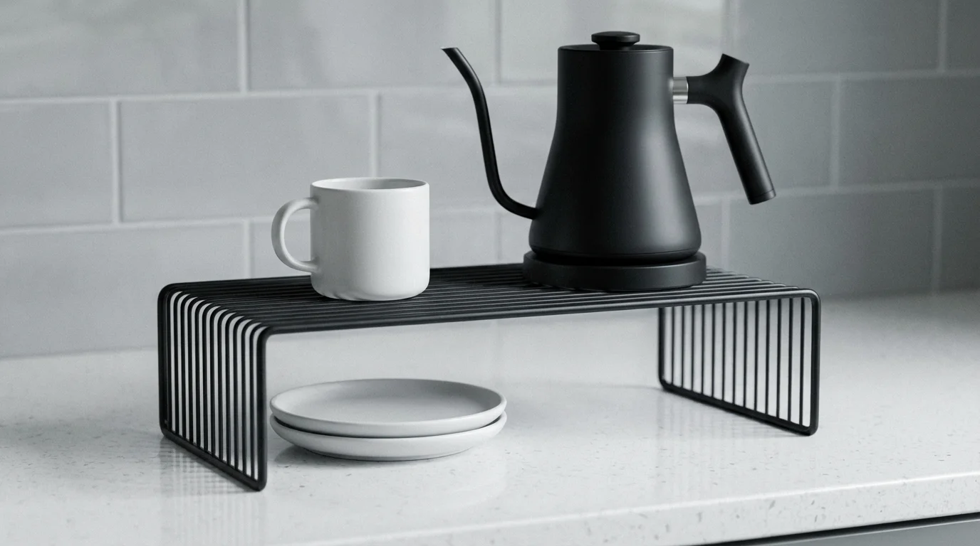 A black metal shelf riser organizes plates and a kettle on a kitchen countertop.