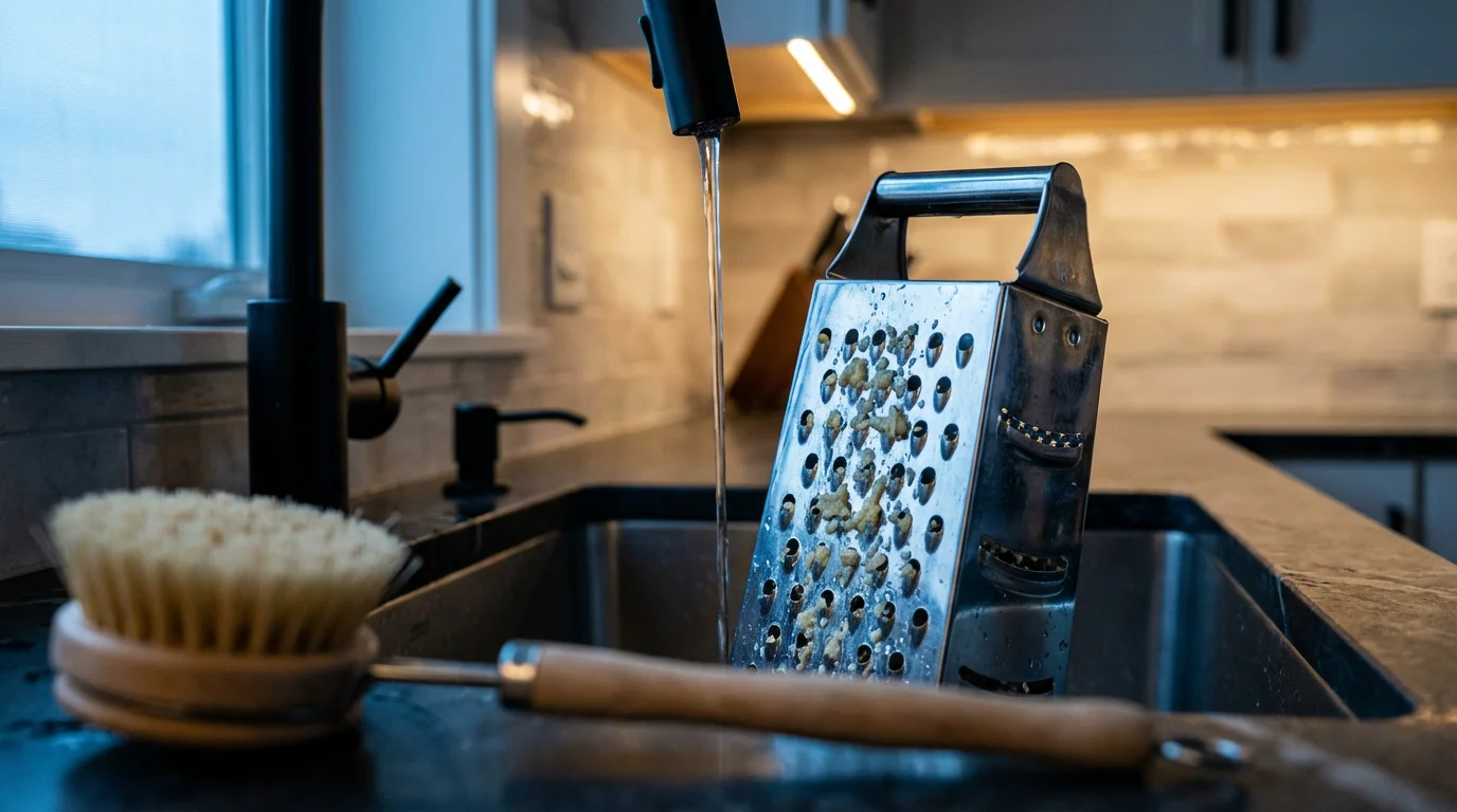 A box grater with stuck cheese particles being cleaned in a modern kitchen sink.