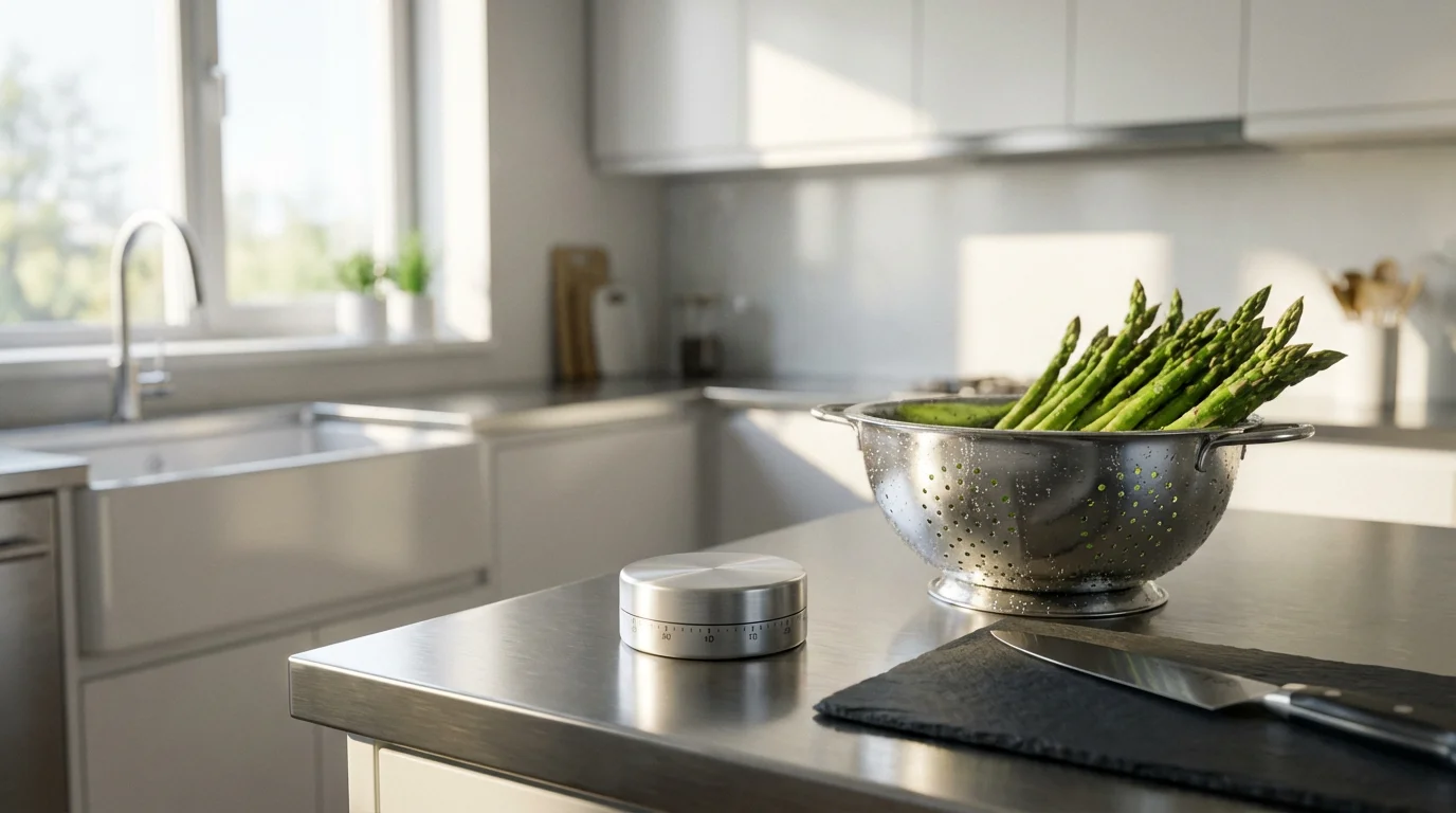 A brushed aluminum mechanical timer on a modern kitchen's stainless steel countertop in morning light.