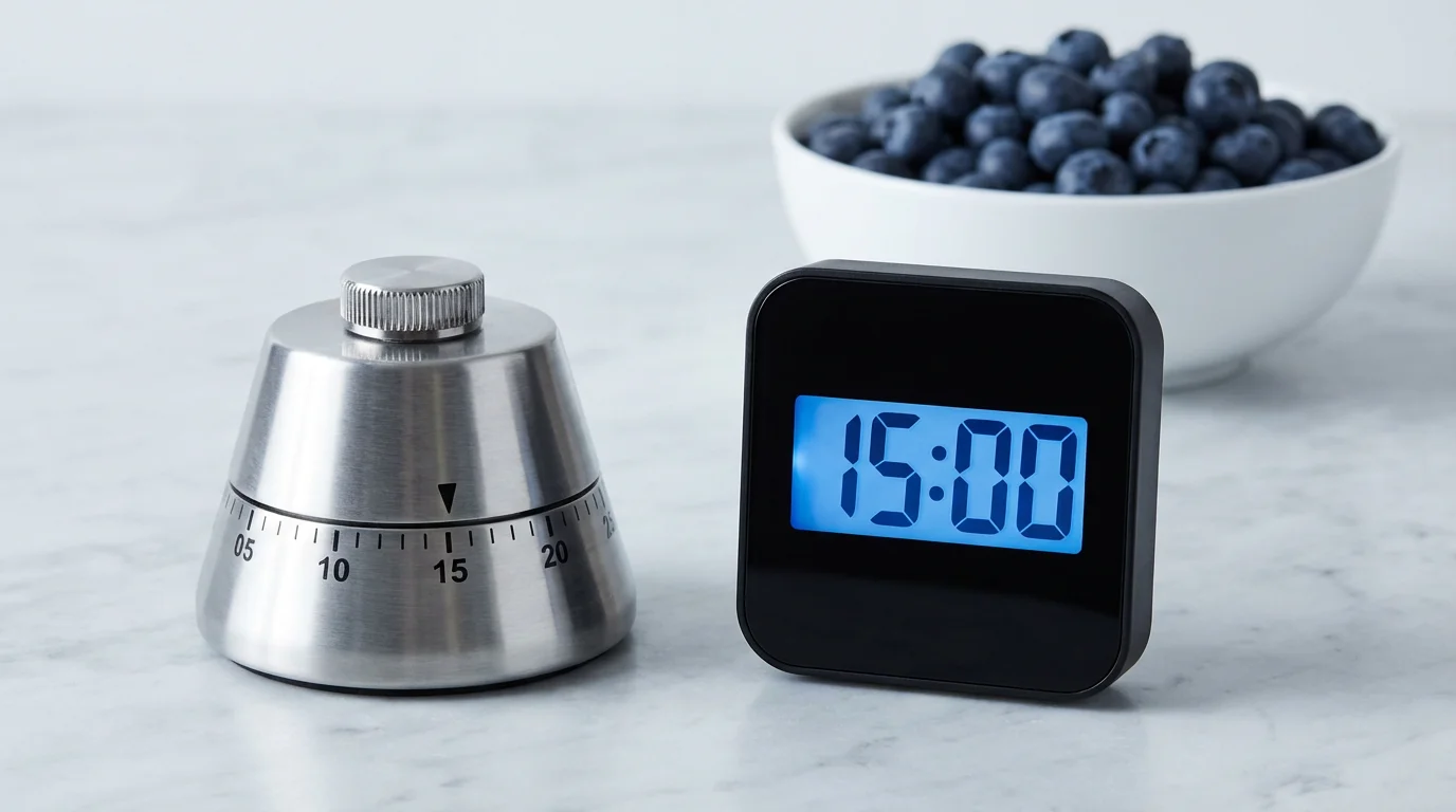 A classic mechanical timer and a modern digital timer side-by-side on a marble kitchen counter.