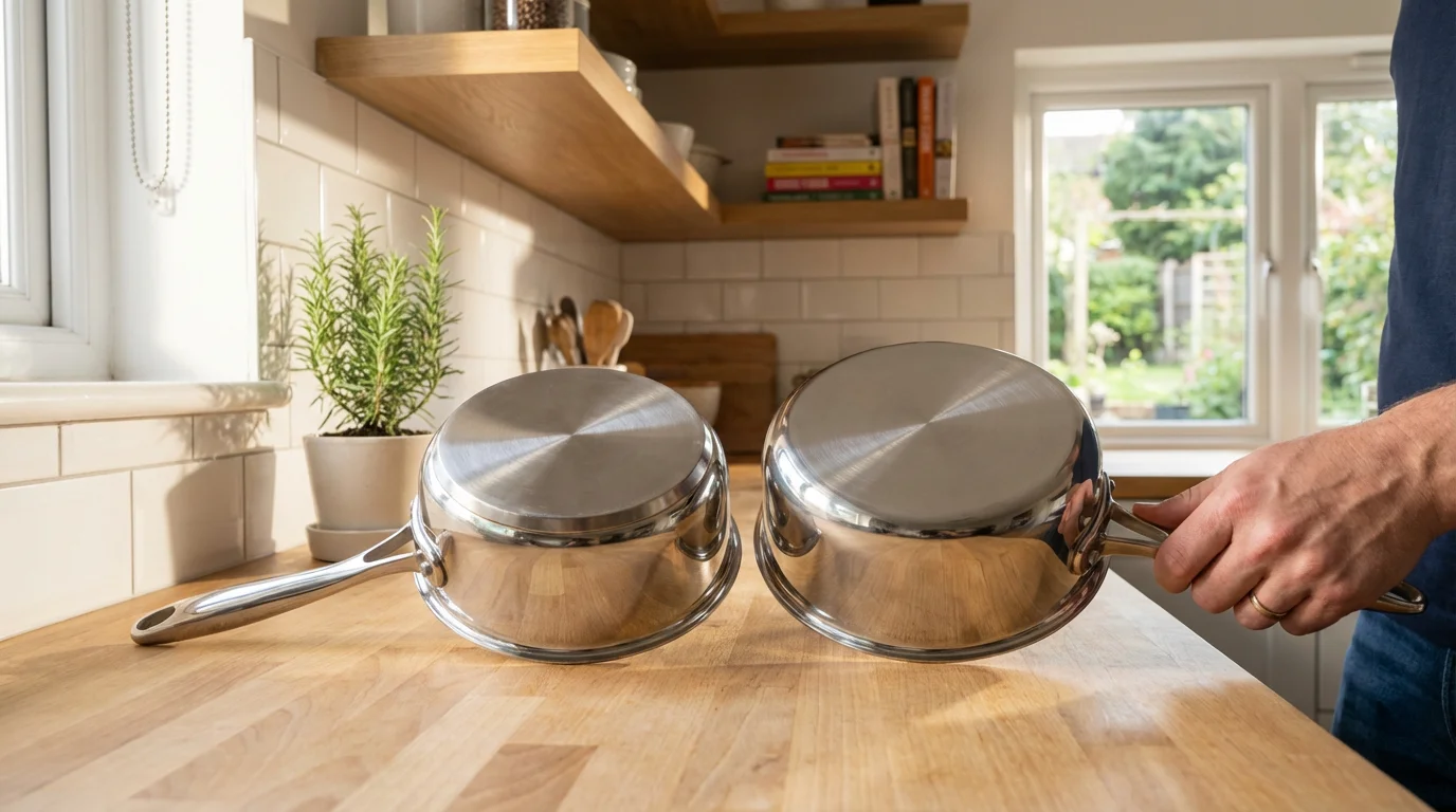 A close comparison of a disc-bottom and a full-clad saucepan in a sunlit kitchen.
