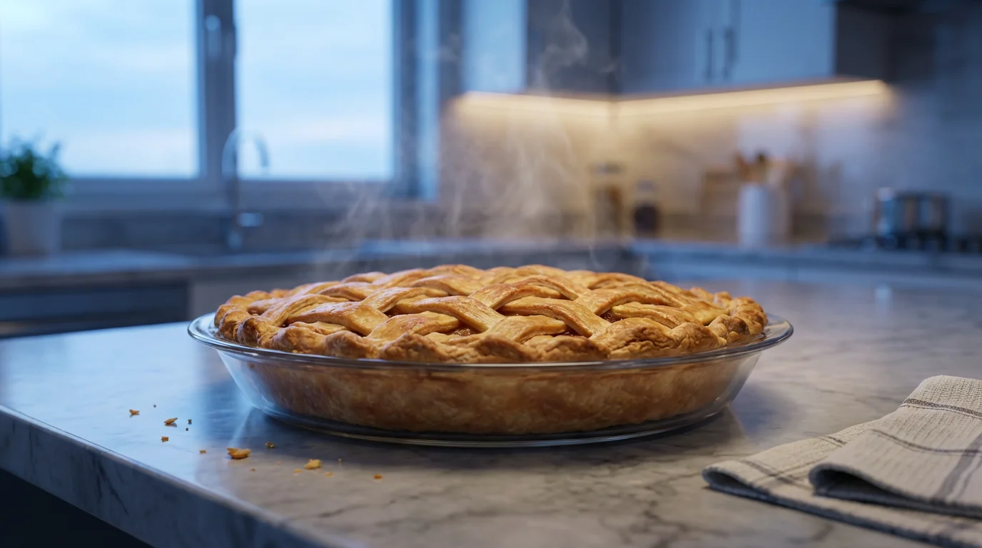 A close-up, eye-level photo of a baked pie in a glass pie plate.