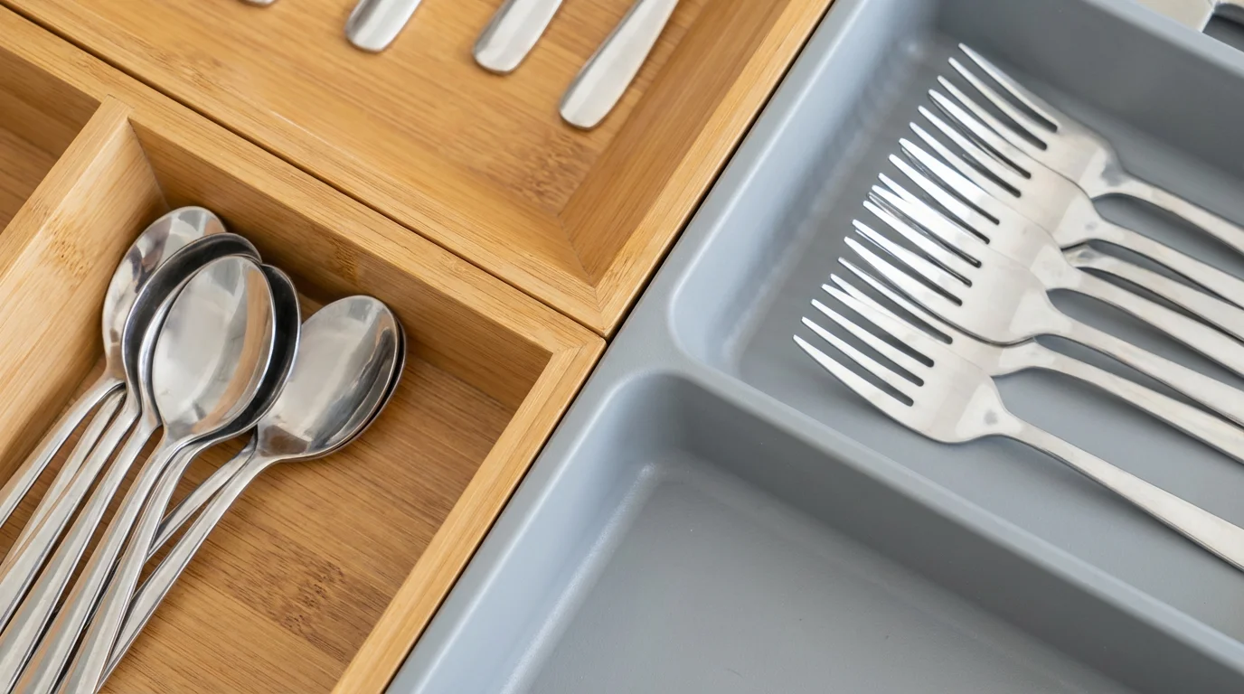A close-up macro photo comparing a bamboo utensil organizer with a gray plastic one.