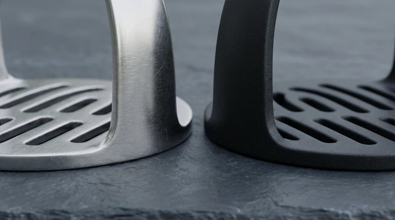 A close-up macro photo comparing the heads of a stainless steel and a plastic potato masher.
