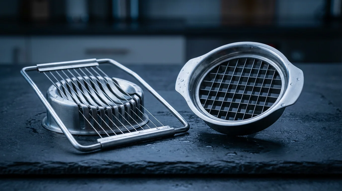 A close-up macro photo comparing the wires of an egg slicer and grid of a dicer.