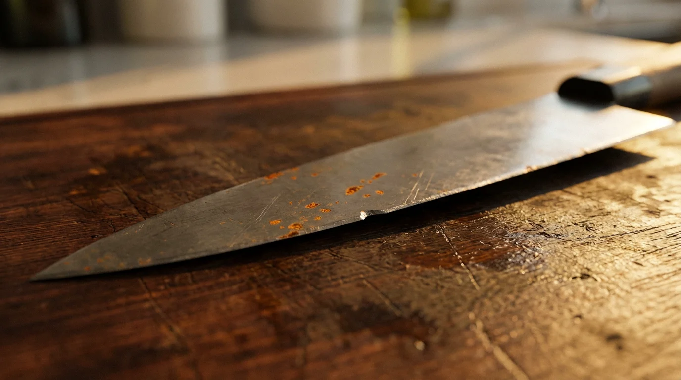 A close-up macro photo of a chipped and rusted chef's knife blade at golden hour.
