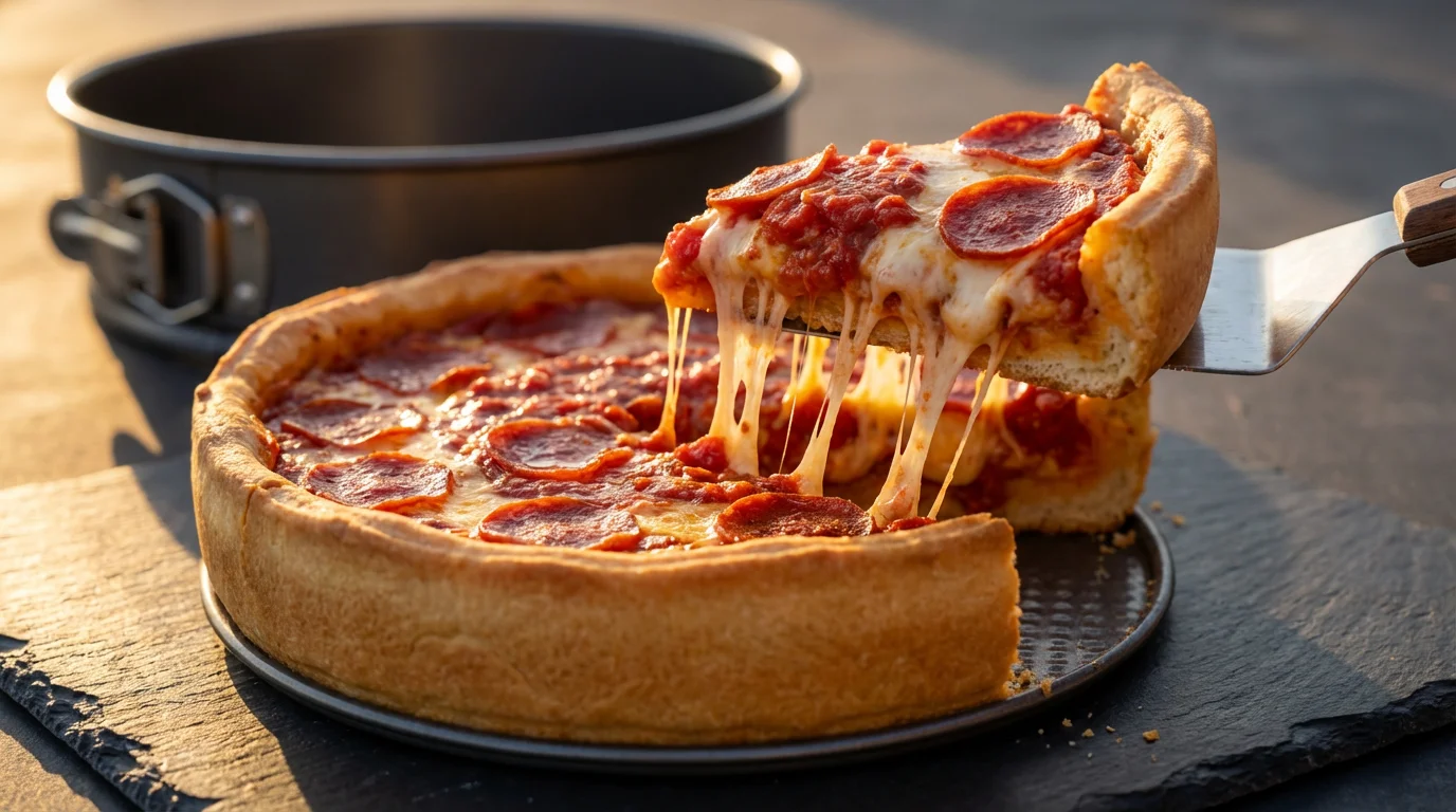 A close-up macro photo of a deep-dish pizza slice being served from a springform pan.