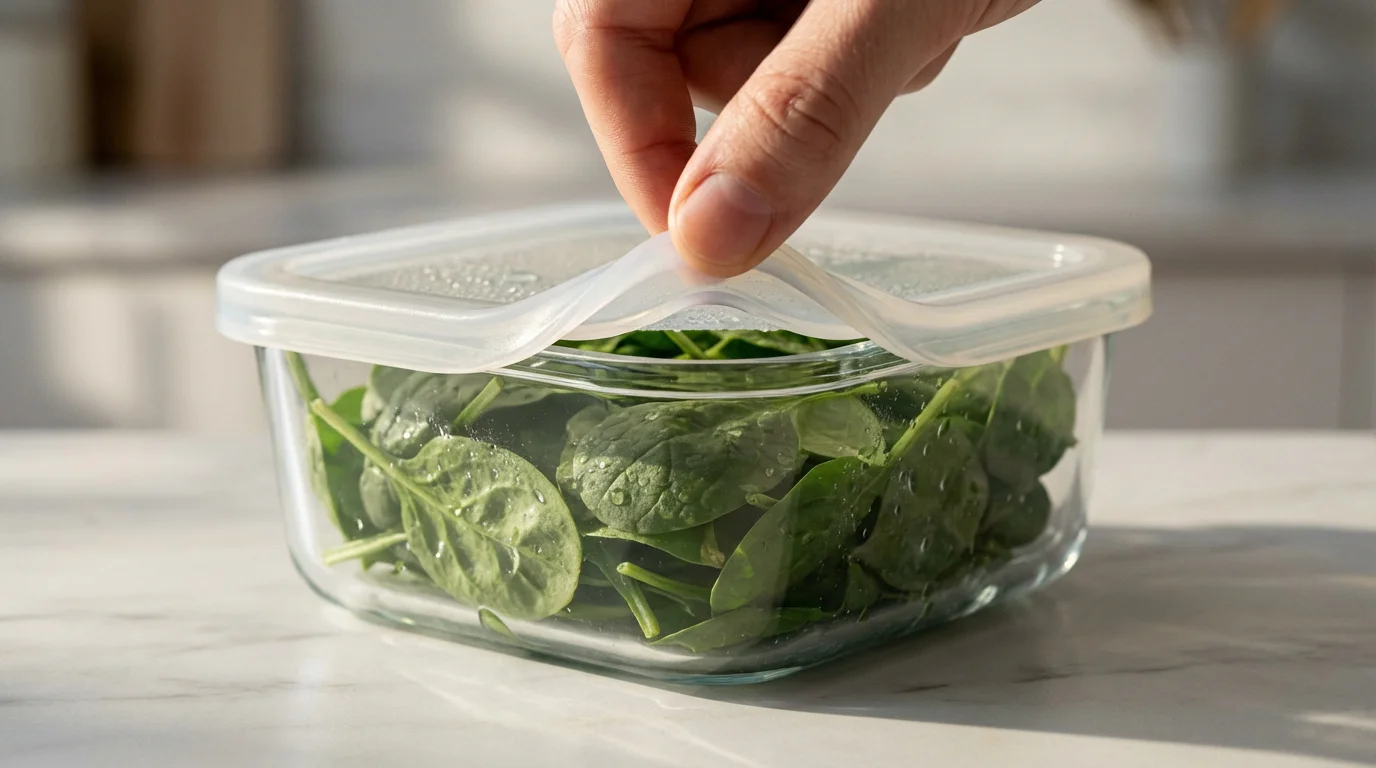 A close-up macro photo of a hand sealing a glass food storage container.