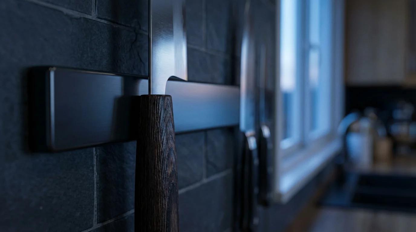 A close-up macro photo of a knife on a magnetic wall strip at blue hour.