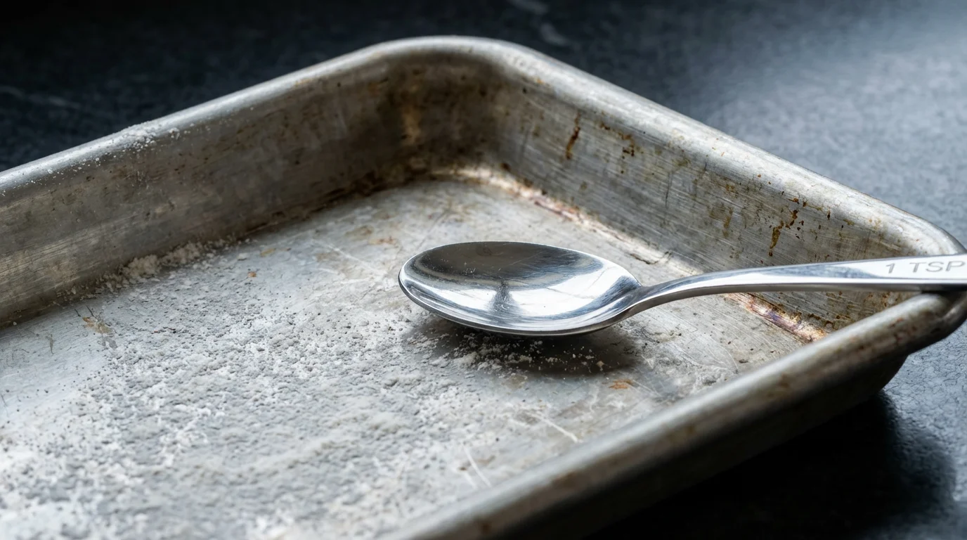 A close-up macro photo of a metal baking sheet and a stainless steel measuring spoon.