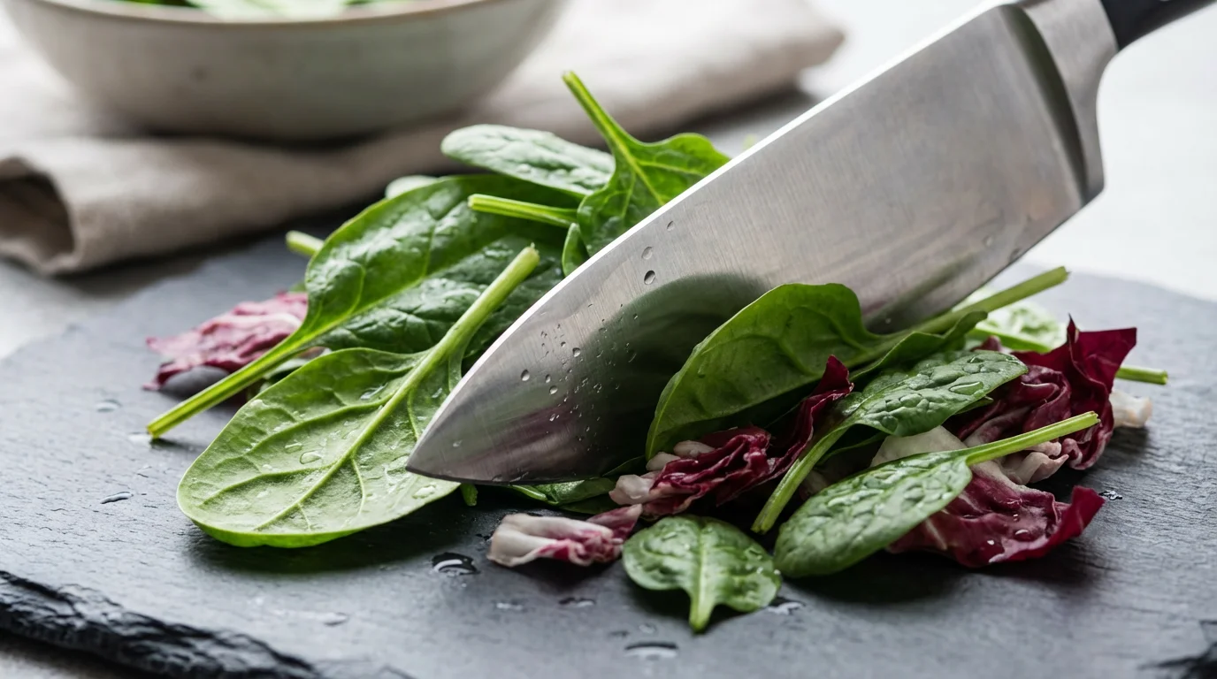 A close-up macro photo of a mezzaluna knife chopping fresh spinach and radicchio.