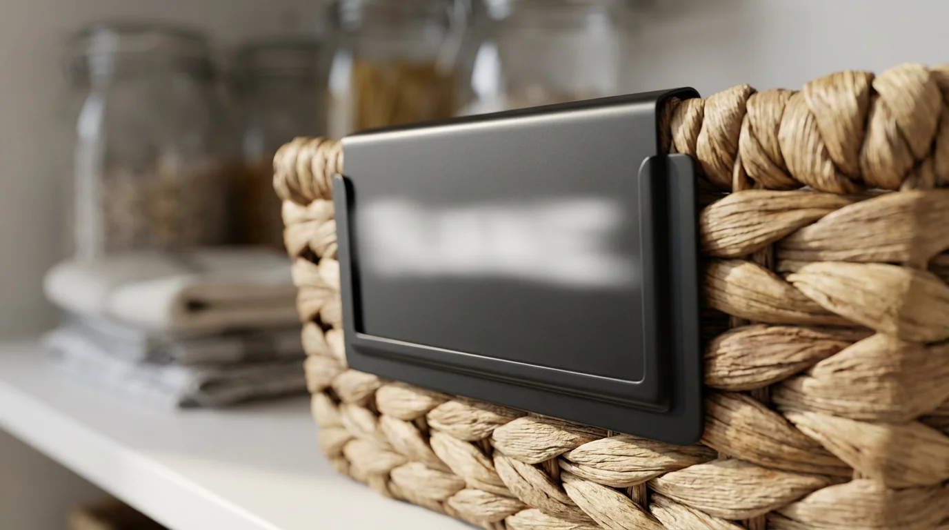 A close-up macro photo of a modern black label on a woven pantry basket.