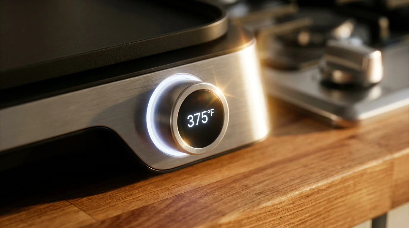 A close-up macro photo of a modern electric appliance's illuminated temperature control dial.