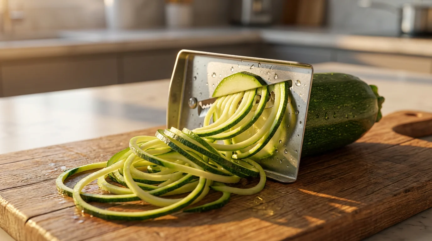 A close-up macro photo of a spiralizer blade turning a zucchini into noodles.