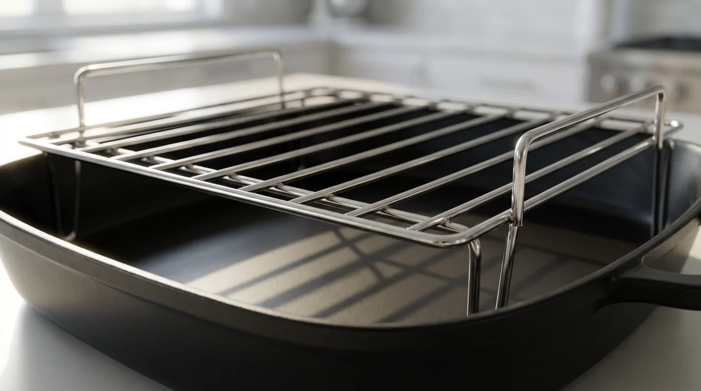 A close-up macro photo of a stainless steel roasting rack inside a dark pan.
