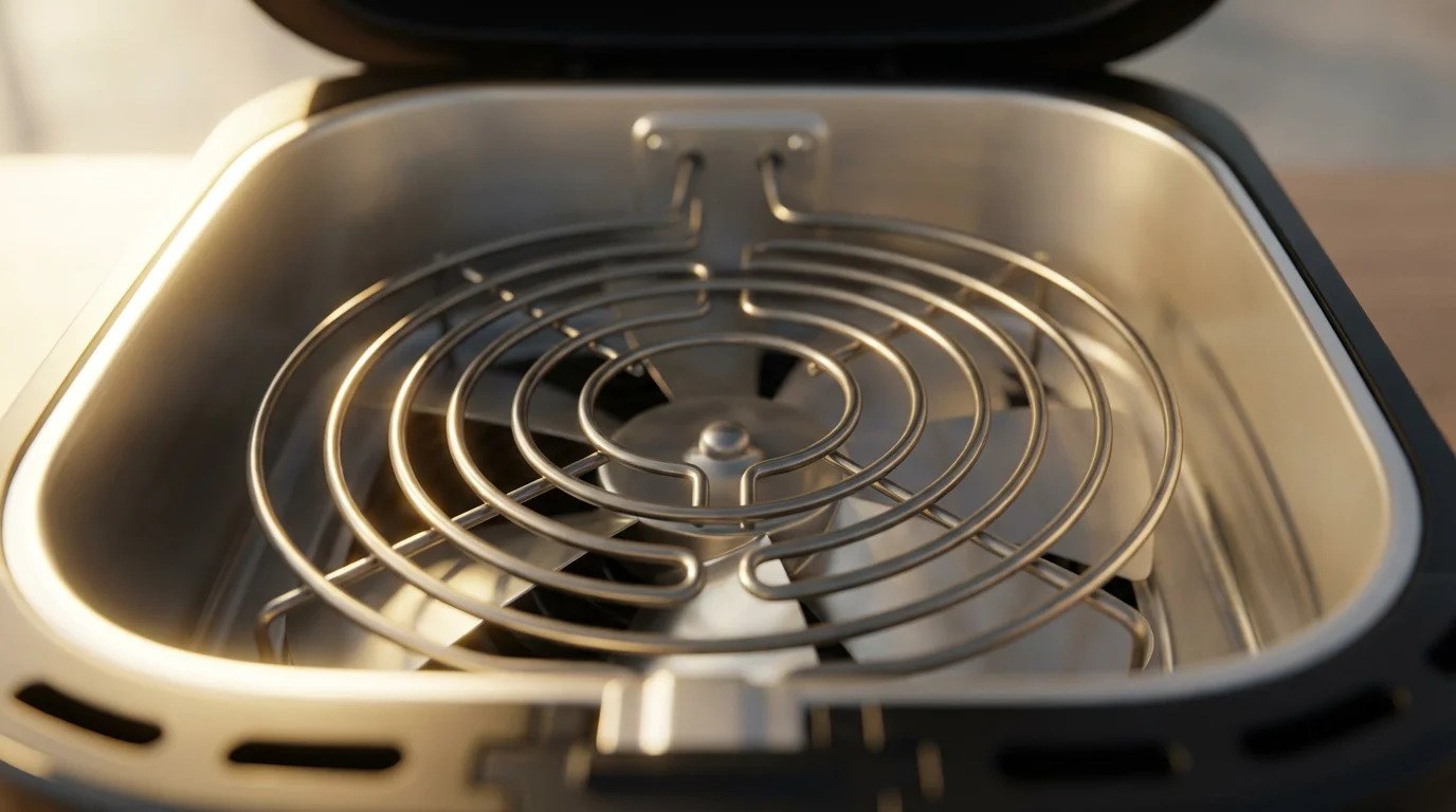 A close-up macro photo of an air fryer's internal heating element and fan.