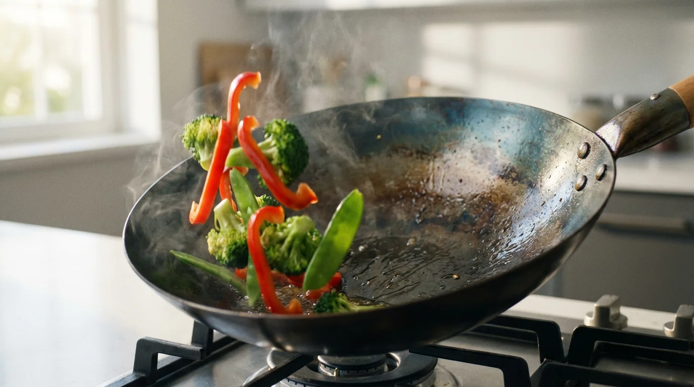 A close-up macro photo of fresh vegetables being stir-fried in a seasoned carbon steel wok.