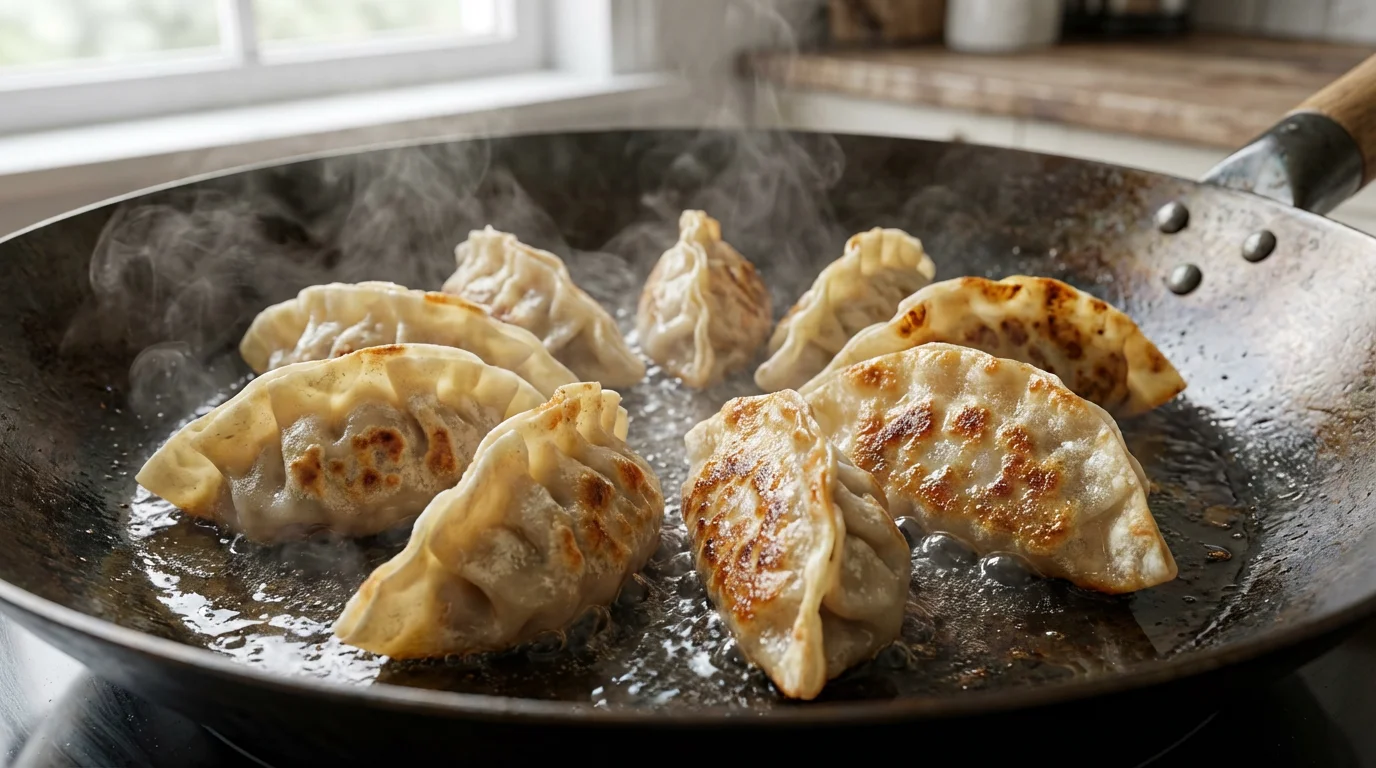A close-up macro photo of gyoza dumplings being steam-fried in a carbon steel wok.