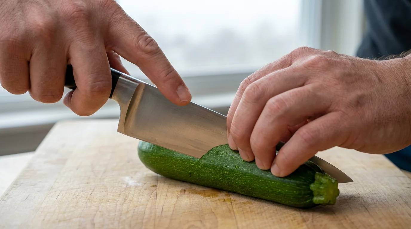 A close-up macro photo of hands demonstrating the safe pinch grip on a chef's knife.