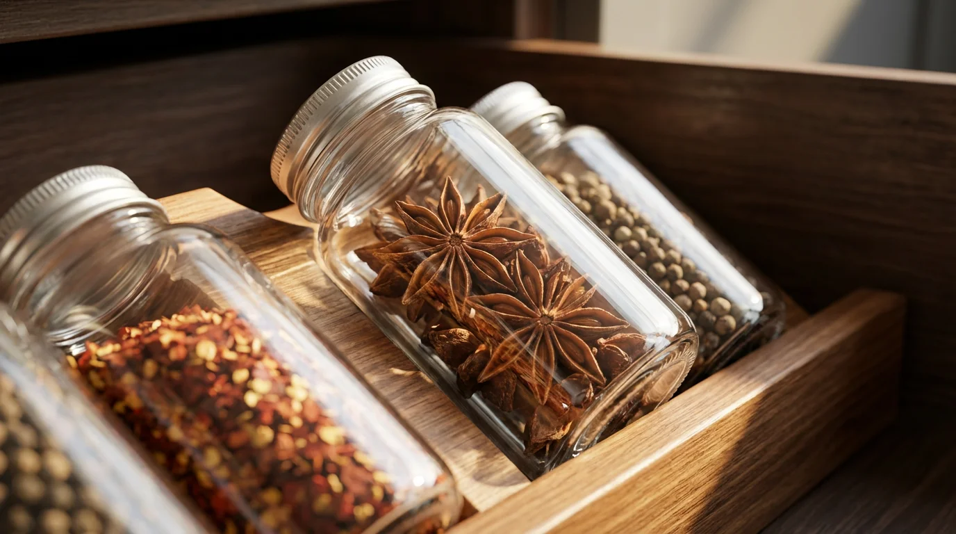 A close-up macro photo of star anise in a glass jar in a wooden spice drawer.