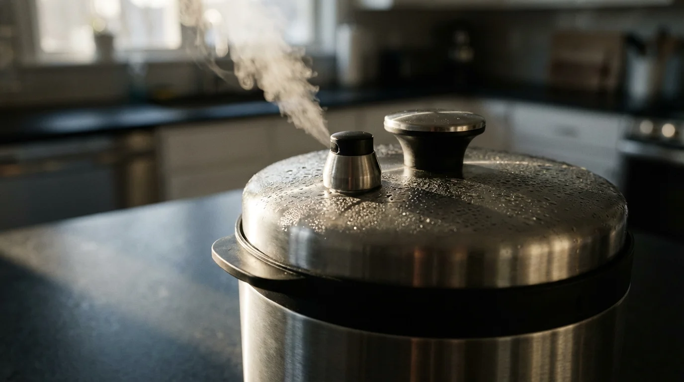 A close-up macro photo of steam escaping from a compact stainless steel multi-cooker.