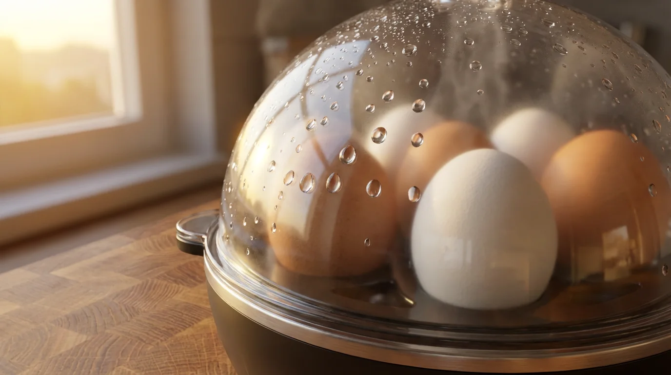 A close-up macro photo of steamed eggs visible through the clear, condensation-covered lid of an egg cooker.