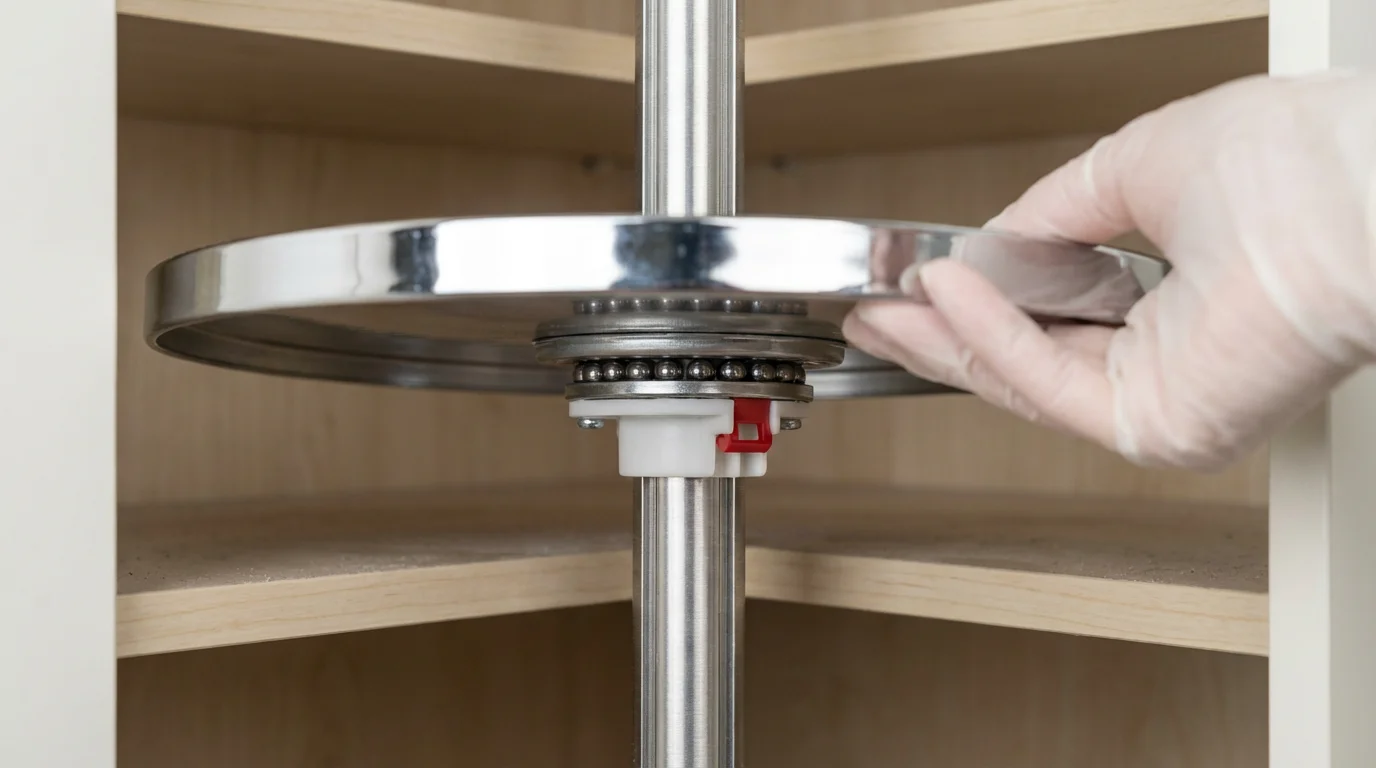 A close-up macro photo showing the central pole and mounting hardware of a lazy susan.