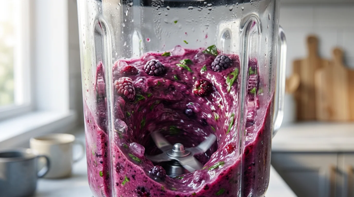 A close-up macro photograph of a powerful blender creating a vortex in a smoothie.