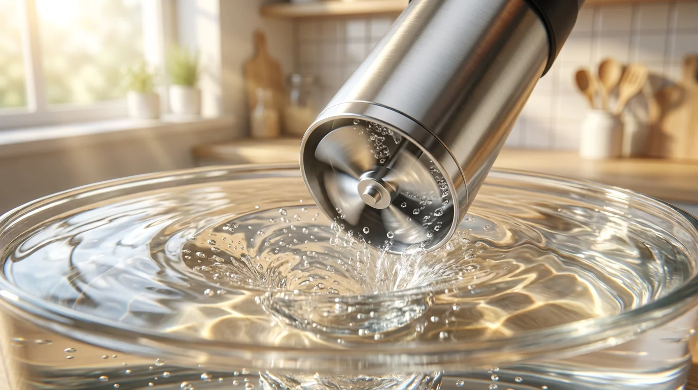 A close-up macro photograph of a sous vide circulator submerged and swirling water.