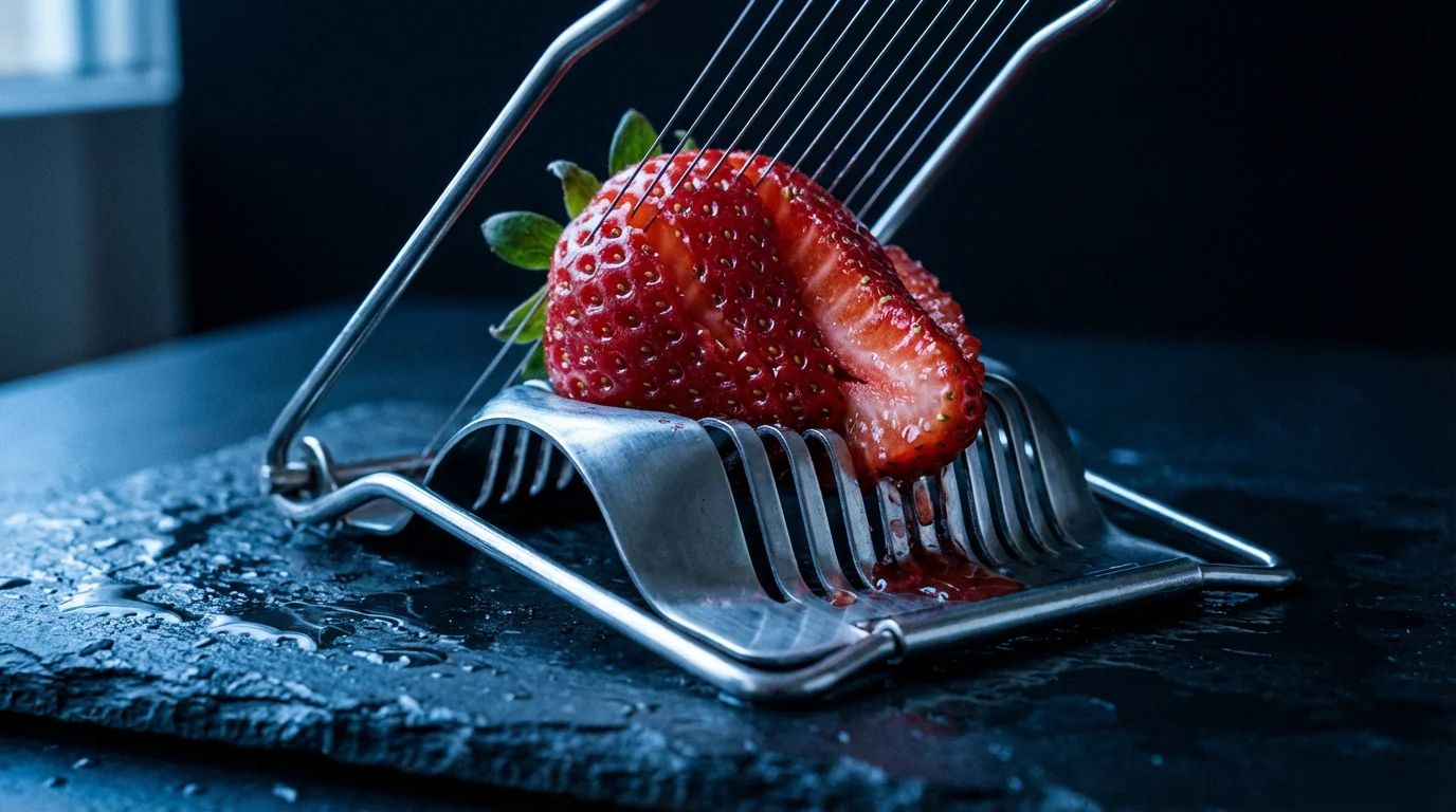 A close-up macro photograph of an egg slicer cutting a fresh strawberry.