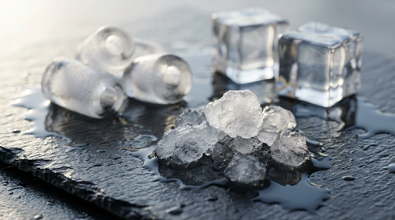 A close-up macro photograph of bullet, nugget, and clear ice on a slate surface.