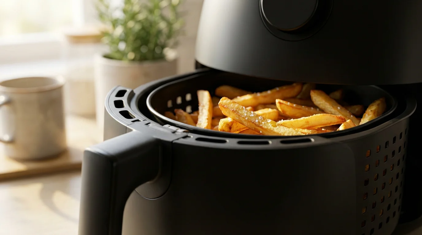 A close-up macro photograph of golden french fries inside a modern air fryer basket.