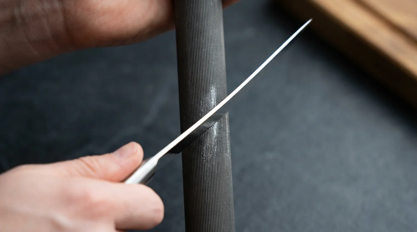 A close-up macro photograph of hands carefully honing a chef's knife on steel.