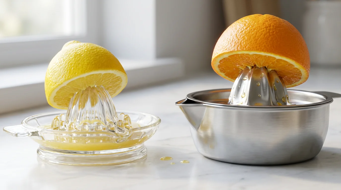 A close-up macro shot comparing a manual glass juicer and an electric juicer.