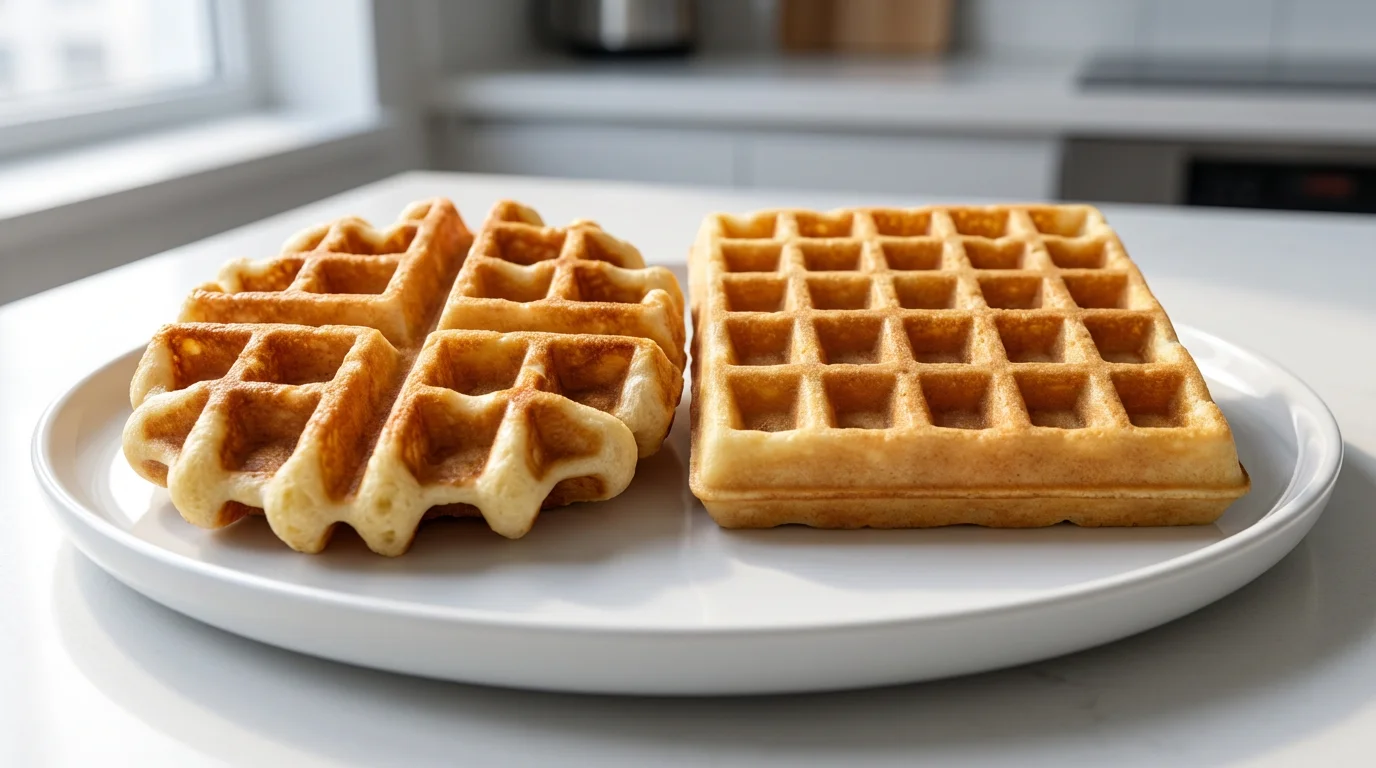 A close-up macro shot comparing the deep grid of a Belgian waffle to a classic waffle.