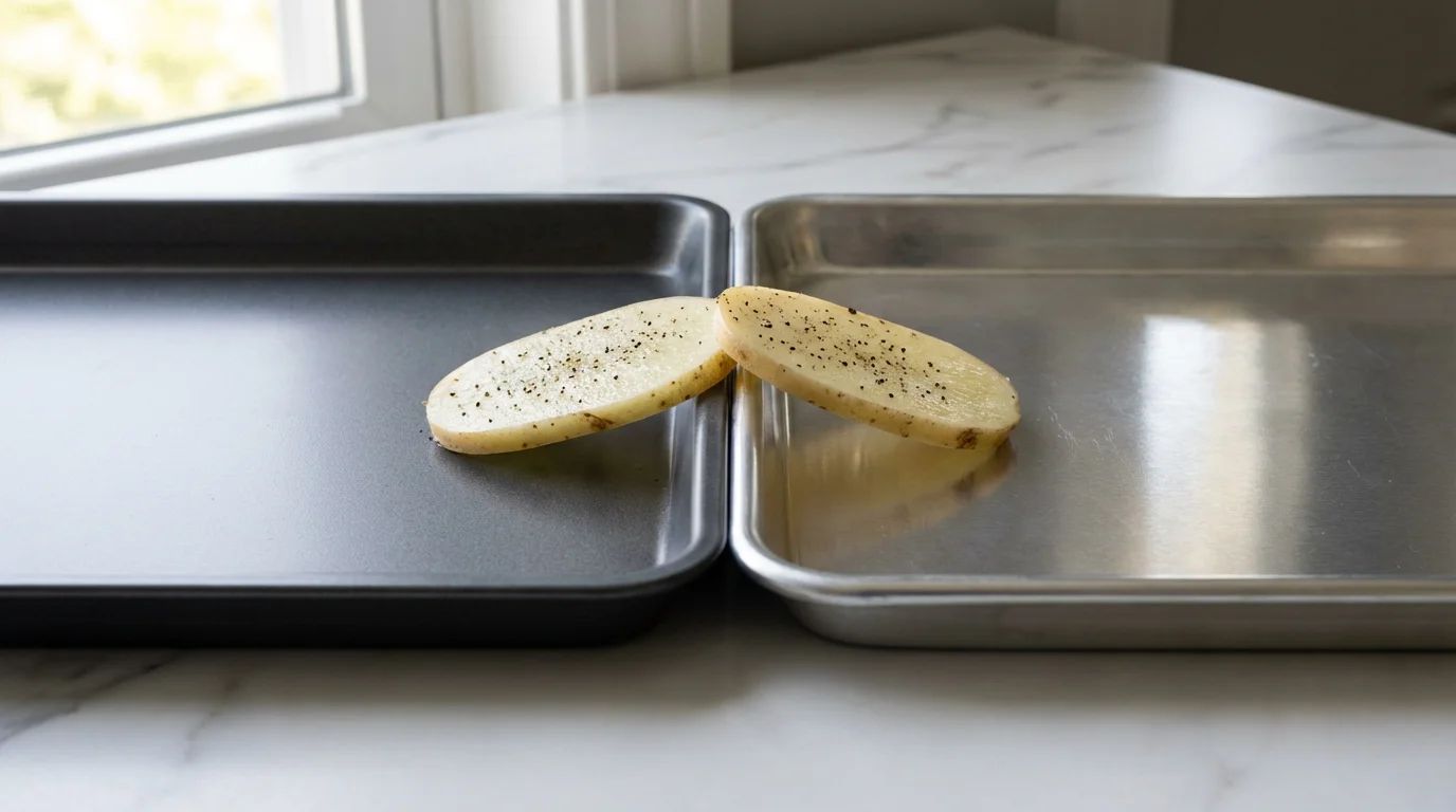 A close-up macro shot comparing the surfaces of a non-stick and a bare aluminum baking sheet.