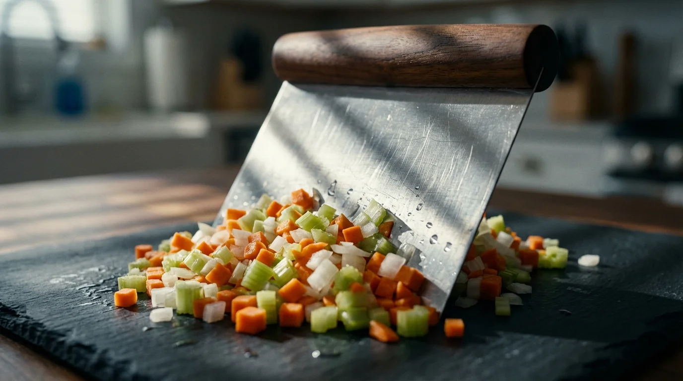 A close-up of a bench scraper scooping diced carrots, onions, and celery.