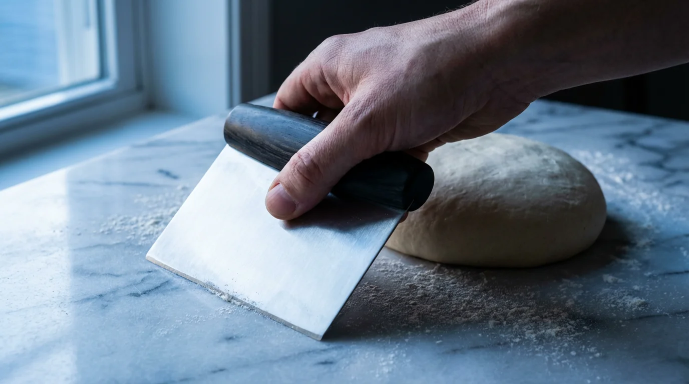 A close-up of a hand comfortably gripping an ergonomic bench scraper on a counter.