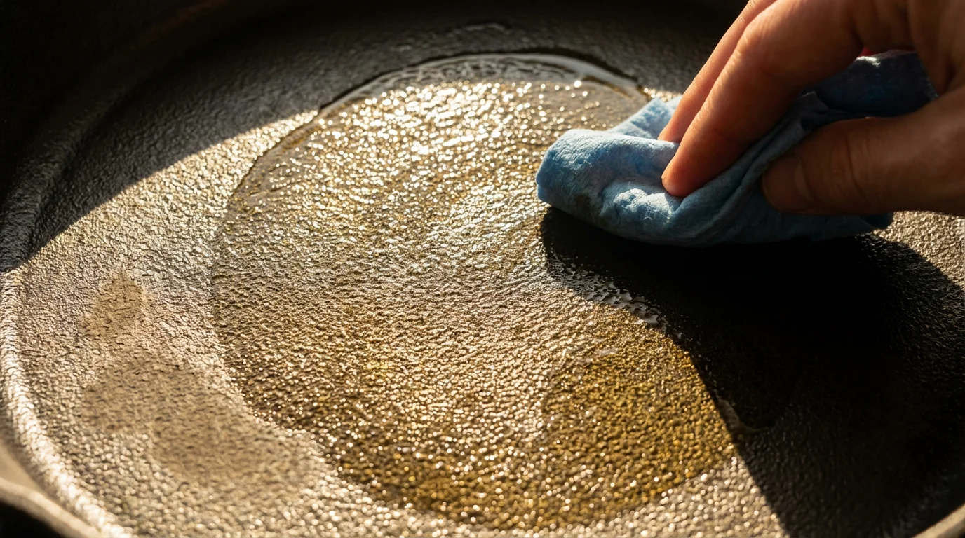 A close-up of a hand using a cloth to re-season a cast iron skillet.