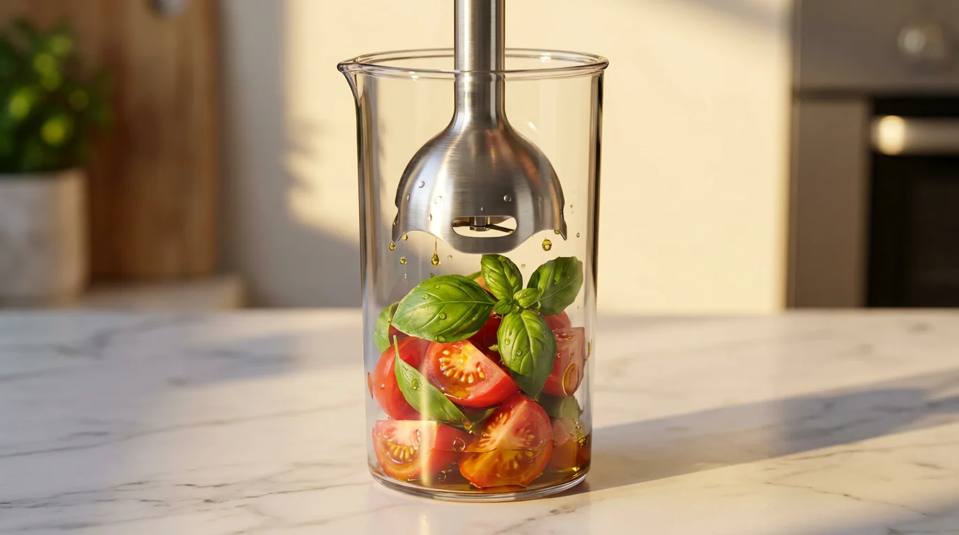 A close-up of a sleek immersion blender about to mix fresh tomatoes and basil.