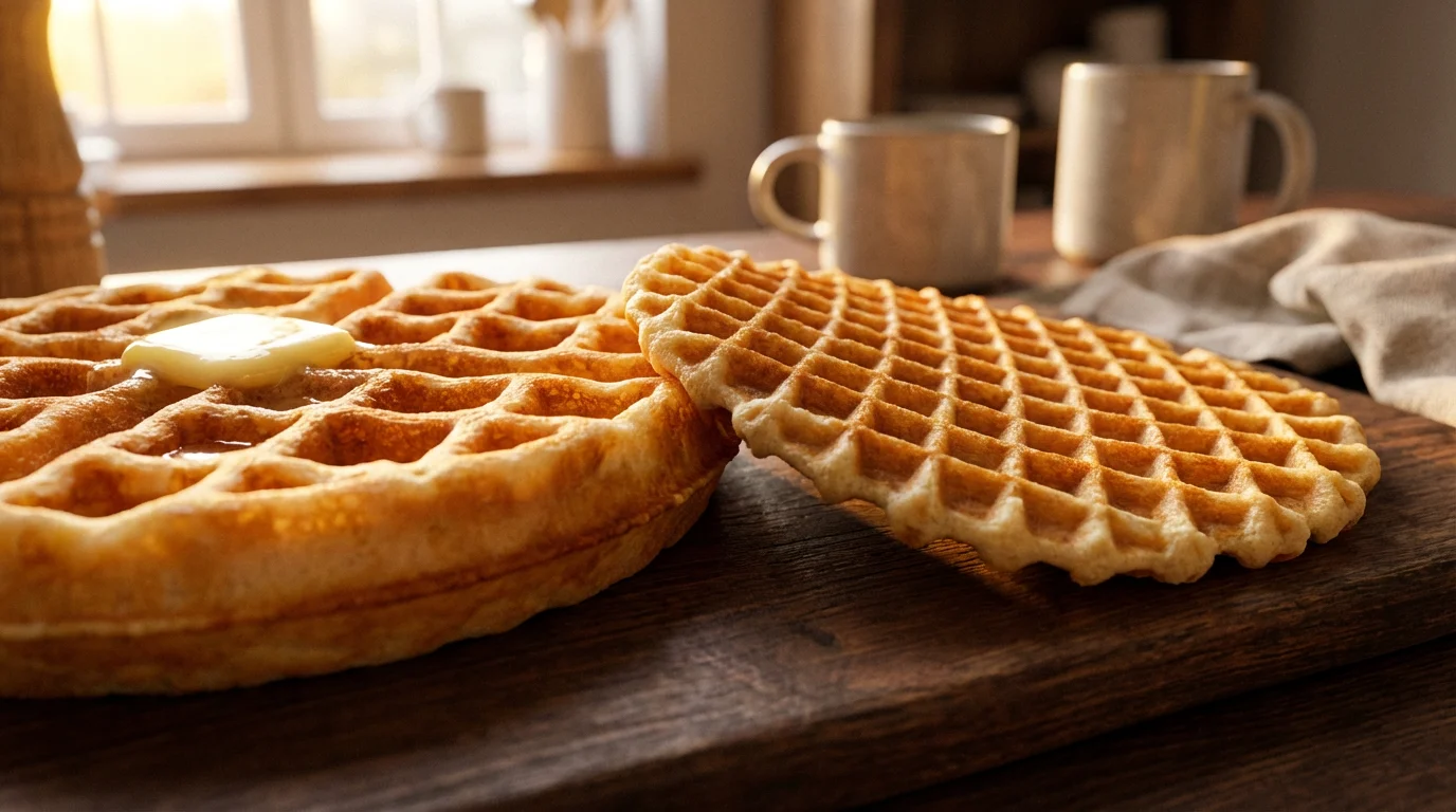 A close-up of a thick Belgian waffle next to a thin classic waffle.