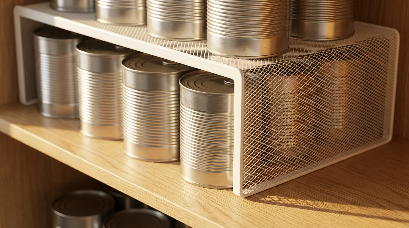 A close-up of generic silver cans on a white metal shelf riser inside a pantry.