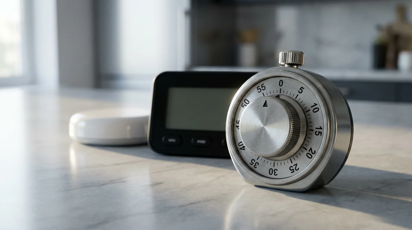 A close-up of mechanical, digital, and smart kitchen timers on a marble counter.